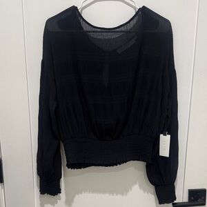 Astr Black Sheer Smocked-Hem Long Sleeve Blouse
